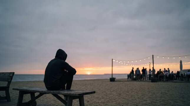 Lonely young man in hoodie sitting alone on beach bench at sunset, feeling social isolation and exclusion from group party
