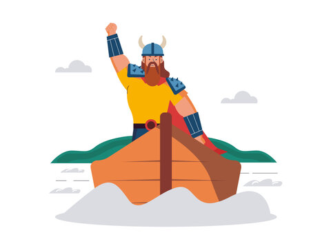A Viking warrior standing in a wooden boat. Viking illustrations. Flat vector concepts.