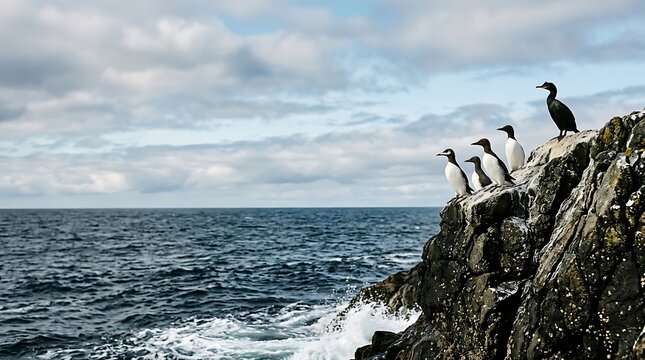 Seabirds resting on a steep ocean cliff under a cloudy sky