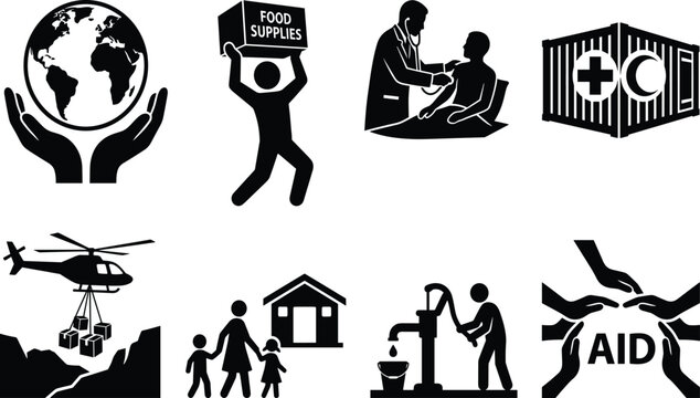 Humanitarian aid and global disaster relief charity vector icon collection set