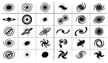 Galaxy and Cosmic Spiral Vector Icon Set, 30 Black and White Minimalist Space Illustrations arranged in a Grid, Outer Space Elements and Black Hole Clipart Collection © GULSHAN