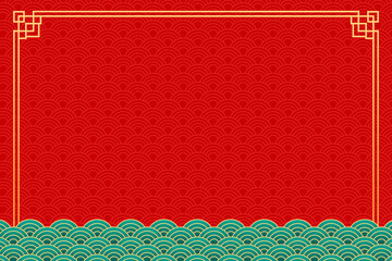 Festive gold chinese style border with red seamless wave pattern background for packaging and festival designs. © mei
