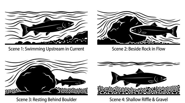 Illustration showing four different fish behavior scenes in a river environment.
