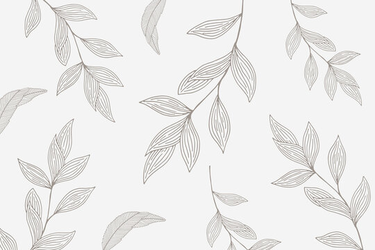 Minimalist background with hand drawn grey leaf branches line art minimalist botanical