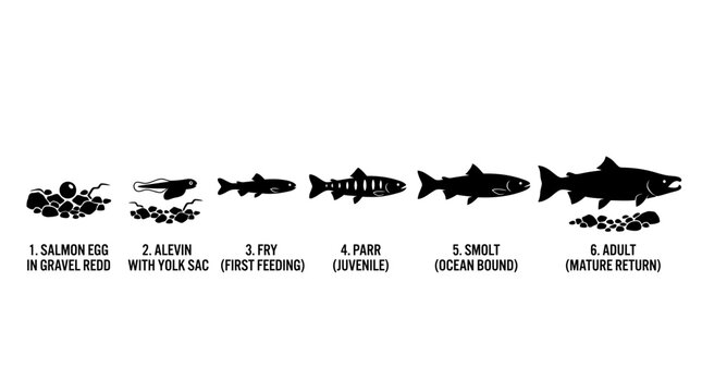 Life cycle stages of a salmon from egg to adult illustration.