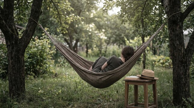 Young woman relaxing in a hammock in a lush garden, peaceful summer afternoon reading session, concept of slow living and mindfulness