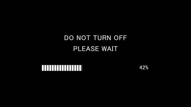 Retro TV screen showing do not turn off please wait message with loading bar on black background, seamless loop