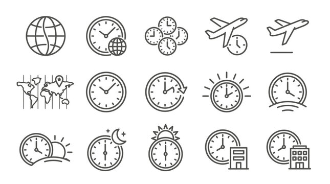 Set of time and travel line icons including clocks world map and airplane.
