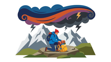 Fototapeta premium Vector illustration of a lone adventurer encountering a formidable mountain storm during an intense Summer Trekking expedition, emphasizing resilience in harsh wilderness