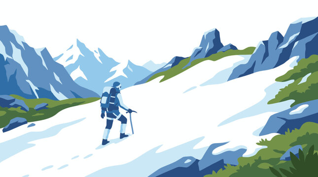 Vector illustration depicting a solo hiker enjoying the serene yet challenging adventure of Summer Trekking across majestic snow-capped alpine mountains