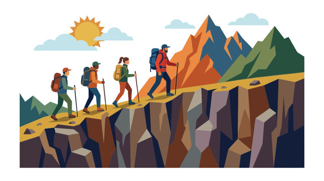 Captivating Vector illustration of a Summer Trekking adventure, featuring a diverse group expertly guided along a magnificent mountain ridge trail