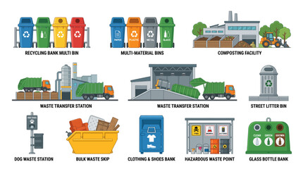 Fototapeta premium Set of waste management and recycling collection icons and facilities.