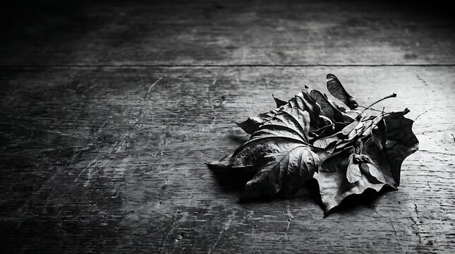 Dried autumn leaves and seeds on a weathered wooden surface