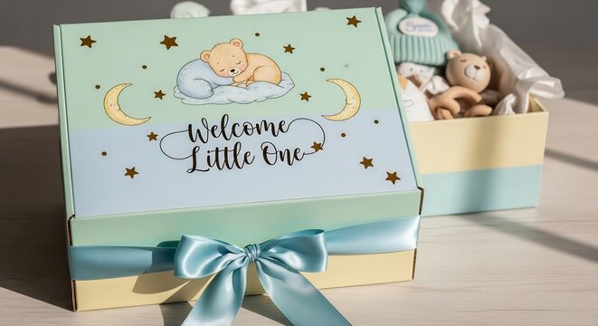 柔らかな自然光が輝く水色と黄色の新生児ギフトボックス かわいいクマと月星デザインにサテンリボンが新しい家族の誕生を心温まる喜びで祝福. AI Generated