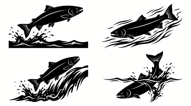 Set of salmon fish jumping in water black and white silhouettes.