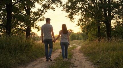 Fototapeta premium Young Caucasian Couple Walking Hand in Hand on Dirt Path at Sunset in Nature Representing Romantic Relationship and Togetherness