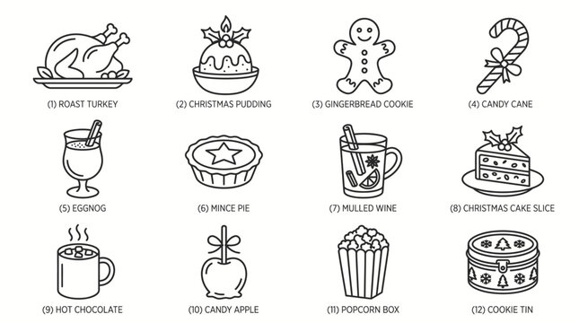 Set of Christmas Food and Holiday Celebration Icons.