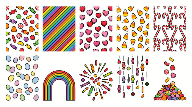Set of colorful hand drawn candy and rainbow patterns.