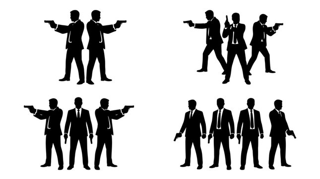 Set of silhouettes of secret agents or bodyguards with firearms.