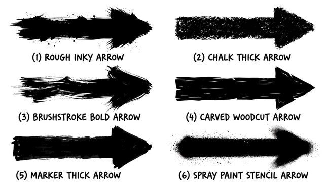 Set of six diverse hand drawn black ink and paint textured arrow illustrations.