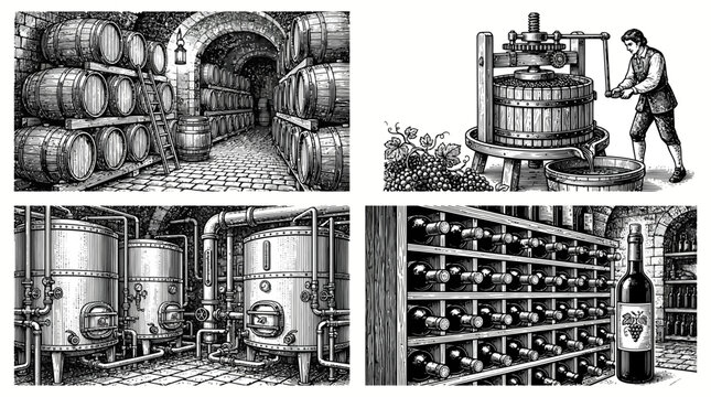 Vintage Wine Production and Storage Processes Engraving Illustration.