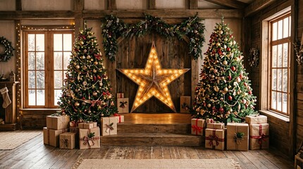 Fototapeta premium Cozy christmas scene with decorated trees presents and star light in rustic room