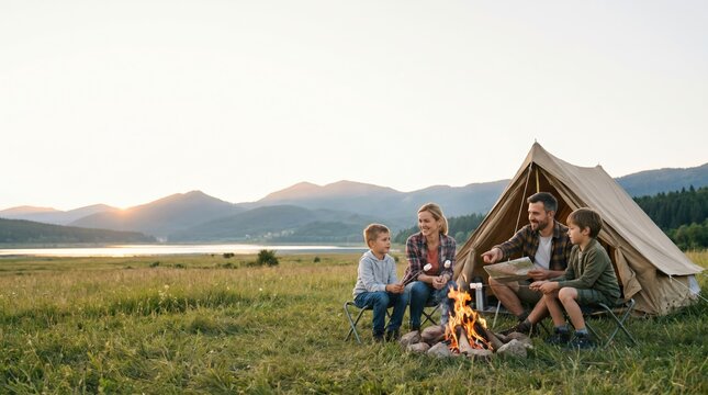 Caucasian family with two young sons camping by campfire at sunset near lake and mountains, enjoying outdoor adventure and quality time