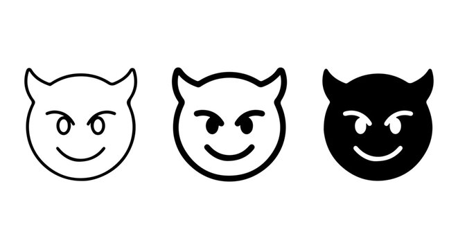 Devil Face Icons, Simple Vector Graphics, Black and White Emoticons, Evil Grin Symbols