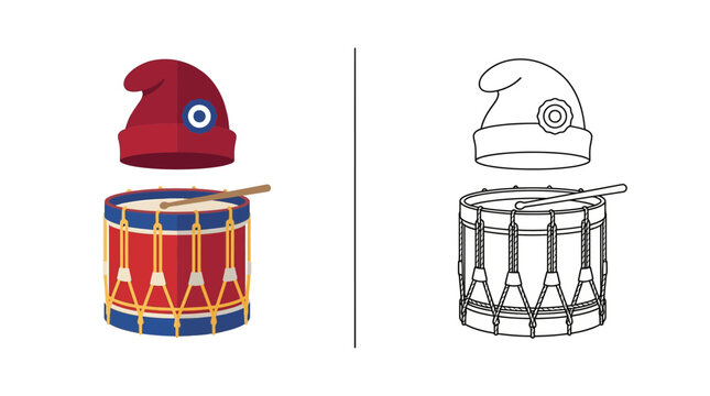Red Drum with Blue and White Symbol and Matching Hat, Color and Outline