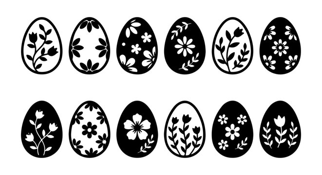 Easter Egg Vector Icons, Floral Silhouette Designs, Spring Holiday Celebration Graphics