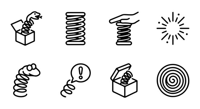 Spring Icons: Surprise Box Snake, Coil Spring, Hand Press, Burst, Spiral, Surprise Toy