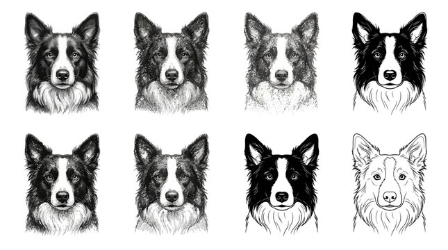 Set of hand drawn border collie dog portraits in different artistic styles.