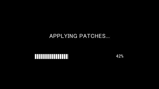 Retro TV screen showing applying patches message with loading bar on black background, seamless loop