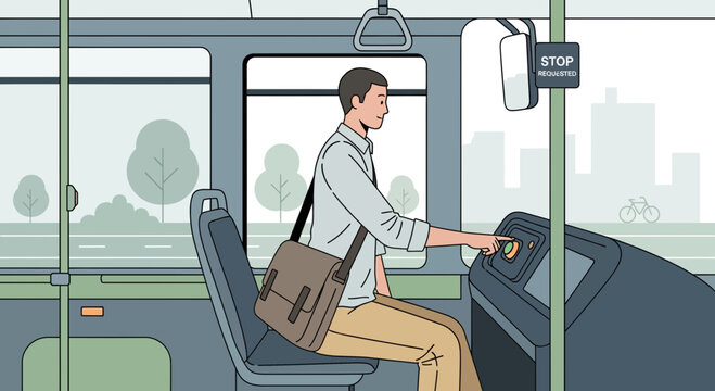Bus driver operating dashboard, commuter travel, urban transit, city transportation