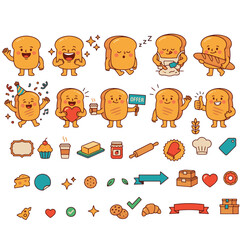 Fototapeta premium Cute Sliced Bread Toast Character Mascot and Bakery Breakfast Element Set 