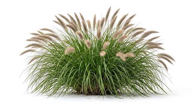 A lush fountain grass (Pennisetum alopecuroides) forming a graceful cascading mound with silky bottlebrush flower spikes, isolated on pure white background, photorealistic botanical specimen