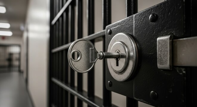 Closeup of a key in a prison cell door lock