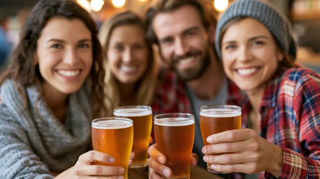 group of people cheering and drinking beer at bar pub table -Happy young friends enjoying happy hour at brewery restaurant-Youth culture-Life style food and beverage.