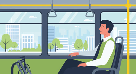 Obraz premium Man on Bus Looking Out Window, Cityscape View, Public Transport