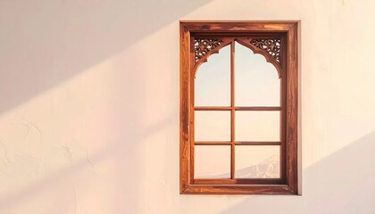 Fototapeta premium Ornate Wooden Window Frame with Intricate Carvings and Sunlight Shadows.