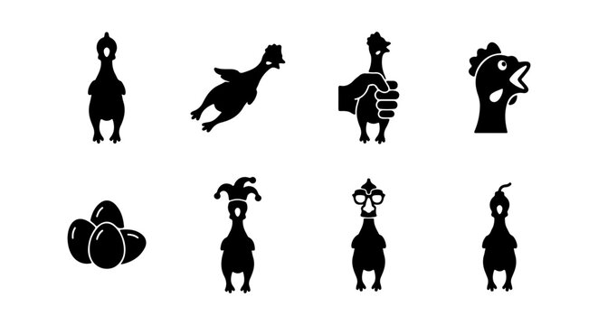 Rubber Chicken Icons, Squeaky Toy Vector Set, Funny Animal Silhouettes, Playful Graphics
