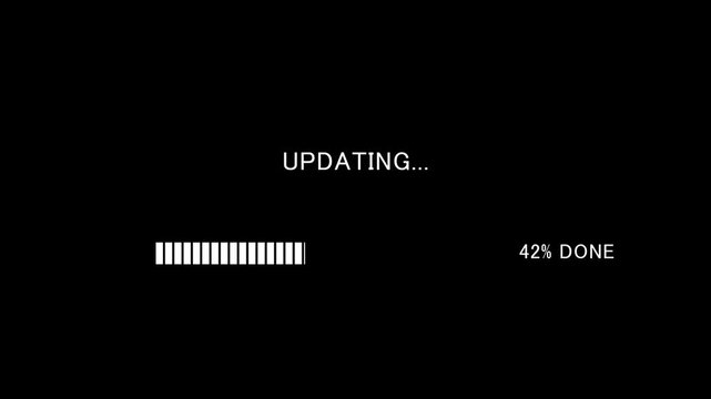 Video of loading progress bar with on-screen text updating on black background