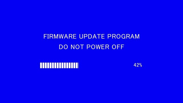 Retro TV screen showing firmware update program do not power off message with loading bar on blue background, seamless loop