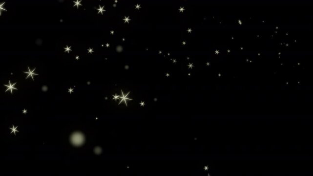 Golden bokeh particles shimmer like glowing hexagonal sparkles against a dark background.