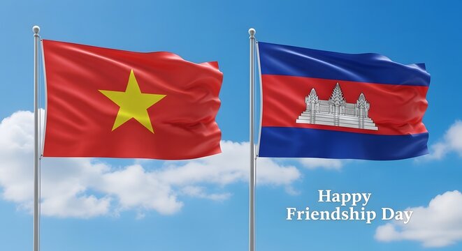 Vietnam and cambodia flags waving international friendship day greeting
