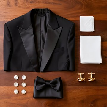 Tuxedo Accessories Flat Lay Bow Tie Cufflinks Studs Pocket Square