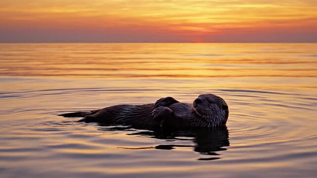 Tranquil Sea Otter Floating on Back in Golden Ocean Water at Sunset &ndash; Ideal wildlife b roll for advertising and news segments