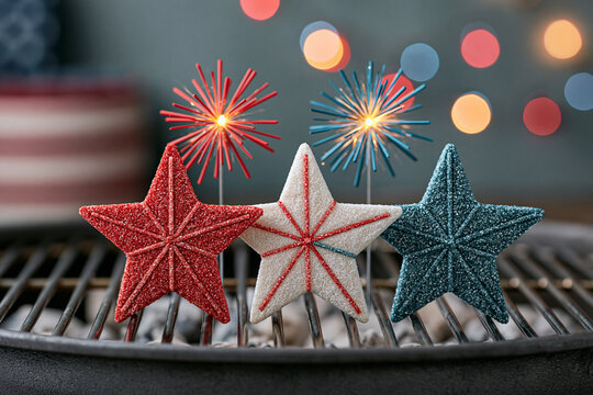 Patriotic Star Ornaments on Grill with Fireworks Bokeh