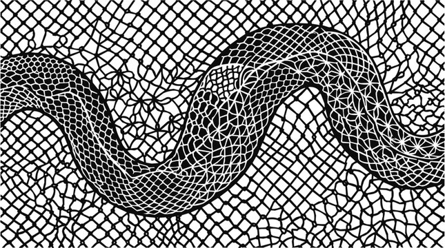 An abstract lace snake mesh pattern featuring monochrome fence patterns and intricate geometric cellular textures for decorative backgrounds.