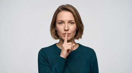 Fototapeta premium Portrait of a young caucasian woman making a silence gesture with finger on lips against a white background